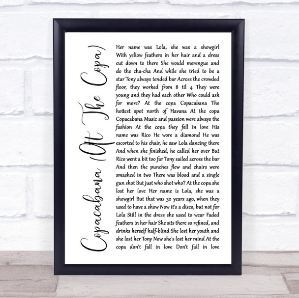 Barry Manilow Copacabana (At The Copa) White Script Song Lyric Poster Print