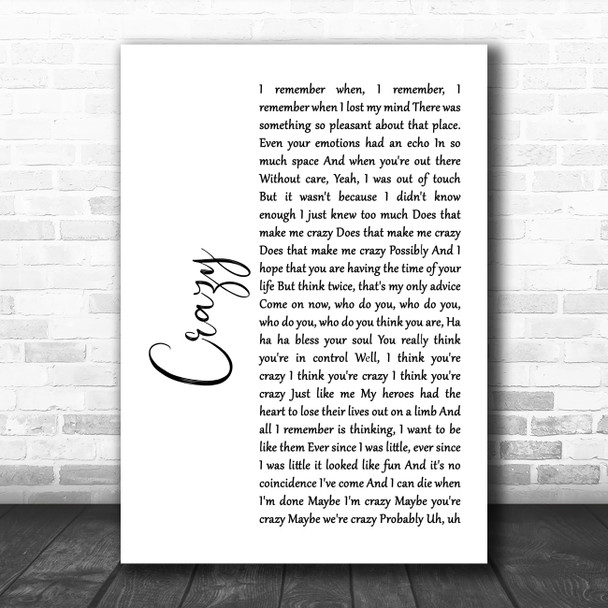 Gnarls Barkley Crazy White Script Song Lyric Poster Print Gnarls Barkley Crazy White Script Song Lyric Poster Print
