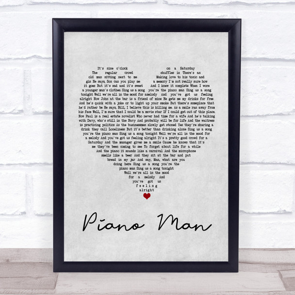 Billy Joel Piano Man Grey Heart Song Lyric Poster Print