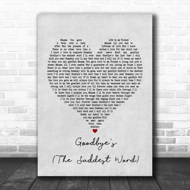 Celine Dion Goodbye's (The Saddest Word) Grey Heart Song Lyric Poster Print