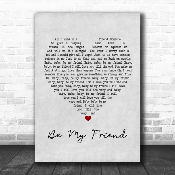 Free Be My Friend Grey Heart Song Lyric Poster Print