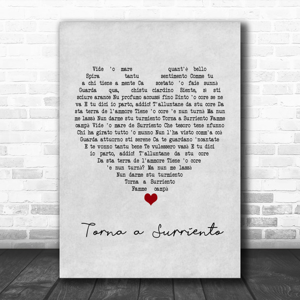 Luciano Pavarotti Torna a Surriento Grey Heart Song Lyric Poster Print