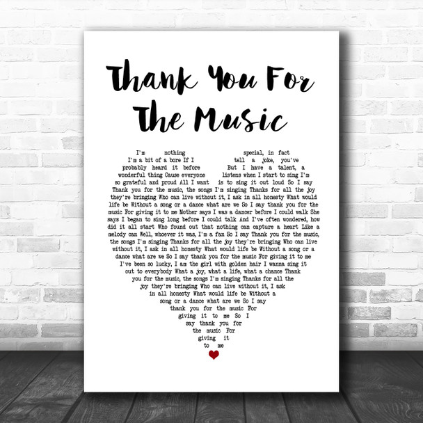 ABBA Thank You For The Music White Heart Song Lyric Poster Print