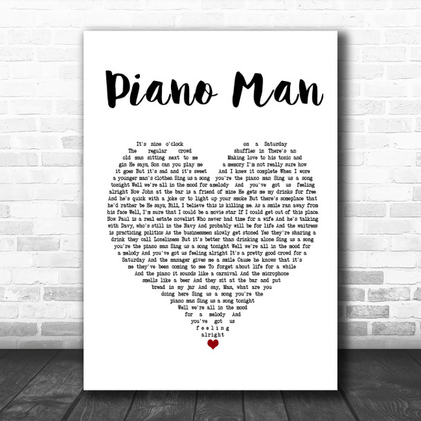 Billy Joel Piano Man White Heart Song Lyric Poster Print
