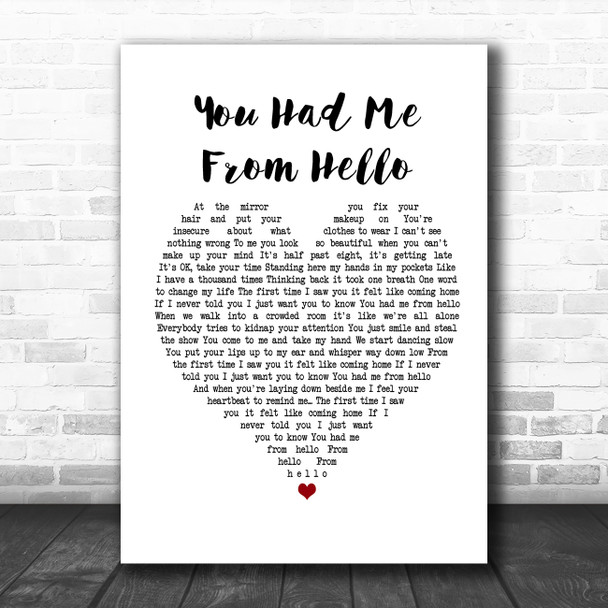 Bon Jovi You Had Me From Hello White Heart Song Lyric Poster Print