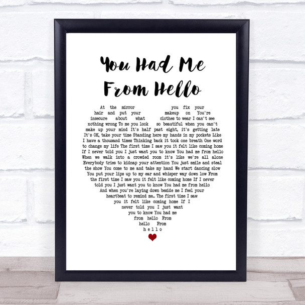 Bon Jovi You Had Me From Hello White Heart Song Lyric Poster Print