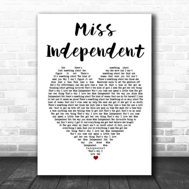 Ne-Yo Miss Independent White Heart Song Lyric Poster Print