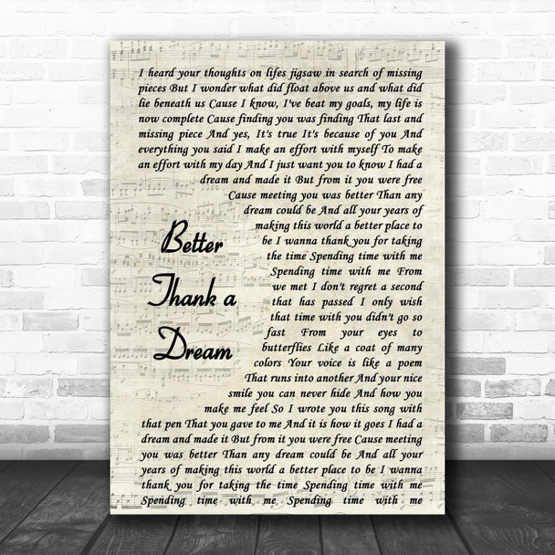 Better Than A Dream Vintage Script Song Lyric Poster Print