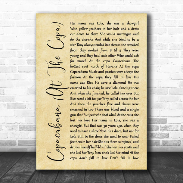 Barry Manilow Copacabana (At The Copa) Rustic Script Song Lyric Poster Print
