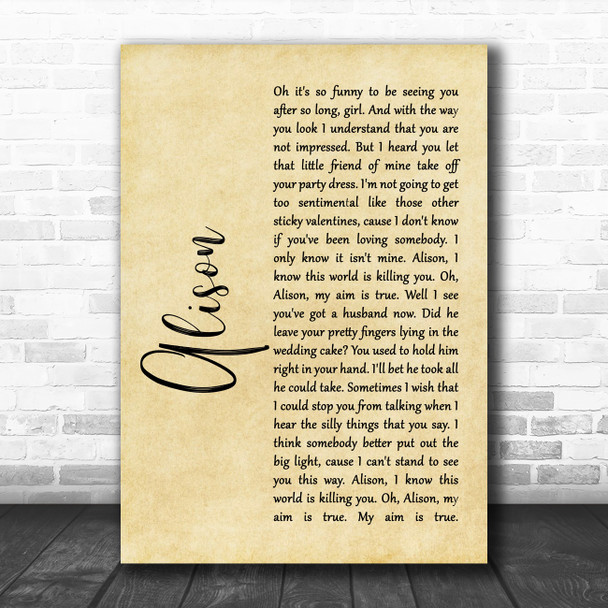 Elvis Costello Alison Rustic Script Song Lyric Poster Print