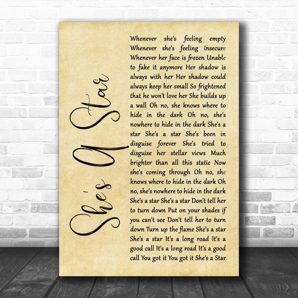 James She's A Star Rustic Script Song Lyric Poster Print