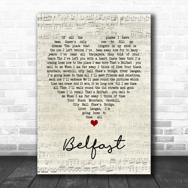 Barnbrack Belfast Script Heart Song Lyric Poster Print