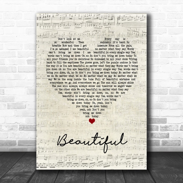 Christina Aguilera Beautiful Script Heart Song Lyric Poster Print