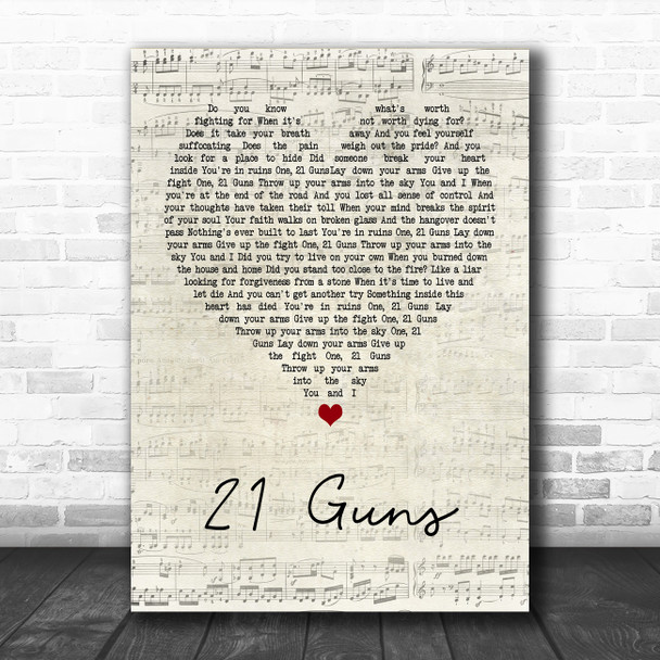 Green Day 21 Guns Script Heart Song Lyric Poster Print