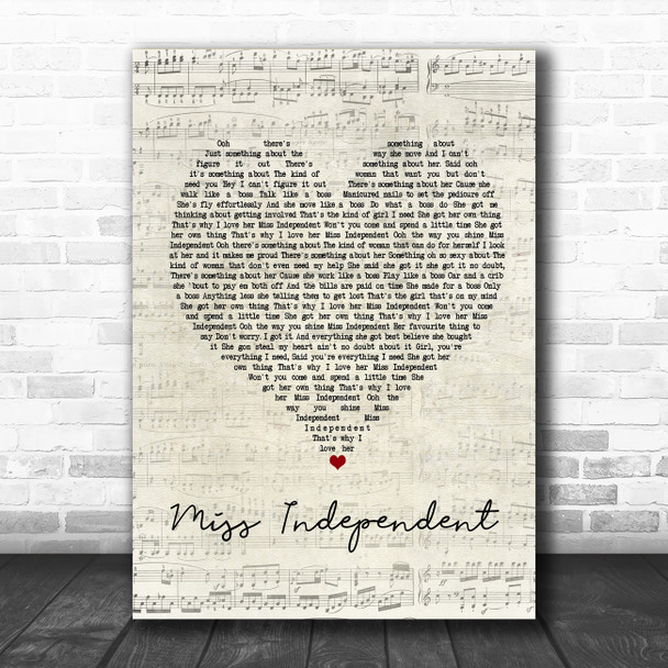 Ne-Yo Miss Independent Script Heart Song Lyric Poster Print