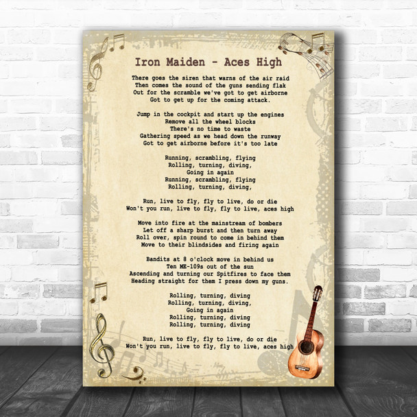 Iron Maiden Aces High Vintage Guitar Song Lyric Poster Print