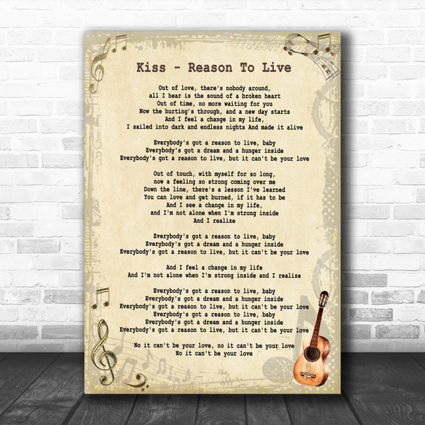 Kiss Reason To Live Vintage Guitar Song Lyric Poster Print