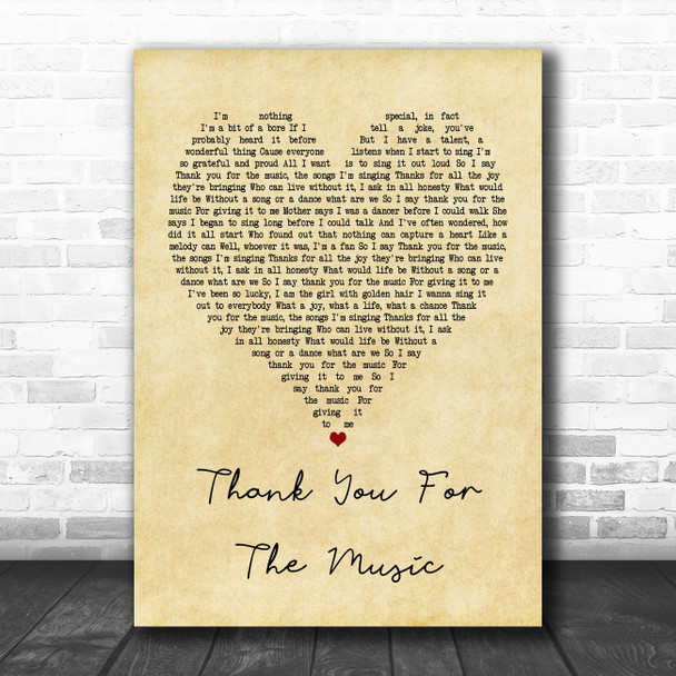 ABBA Thank You For The Music Vintage Heart Song Lyric Poster Print