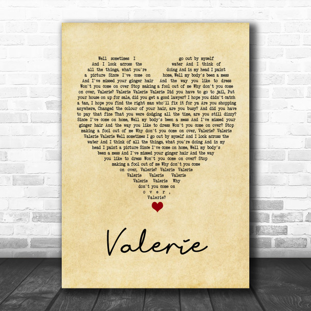 Amy Winehouse Valerie Vintage Heart Song Lyric Poster Print
