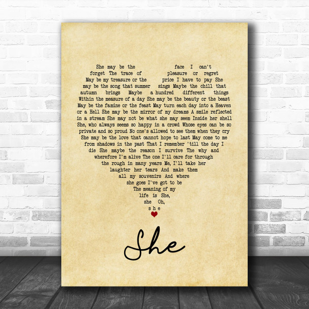 Elvis Costello She Vintage Heart Song Lyric Poster Print