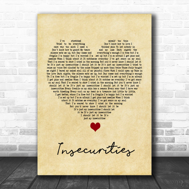 Jess Glynne Insecurities Vintage Heart Song Lyric Poster Print