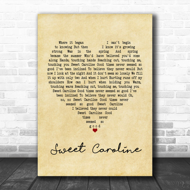 Neil Diamond Sweet Caroline Vintage Heart Song Lyric Poster Print