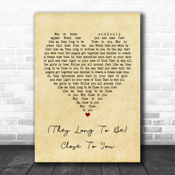 The Carpenters (They Long To Be) Close To You Vintage Heart Song Lyric Poster Print