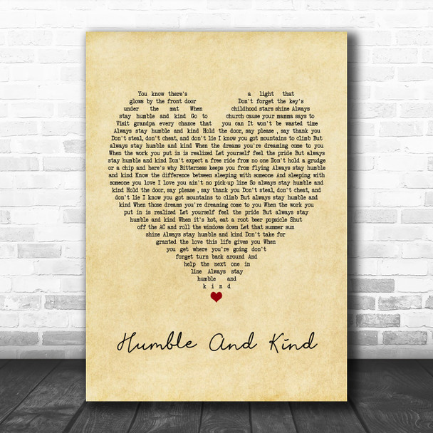 Tim McGraw Humble And Kind Vintage Heart Song Lyric Poster Print