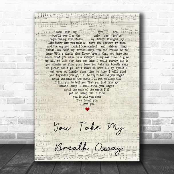 Queen You Take My Breath Away Script Heart Song Lyric Music Poster Print