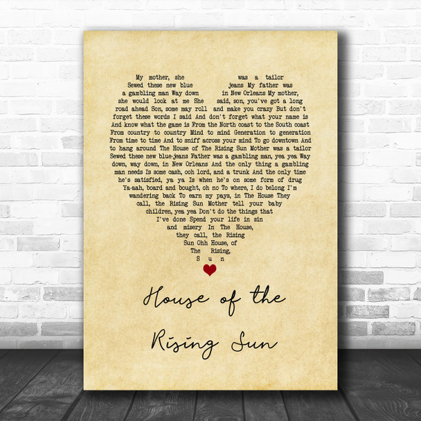 The Animals House of the Rising Sun Vintage Heart Song Lyric Music Poster Print