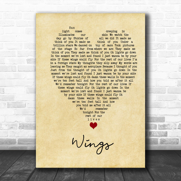 Birdy Wings Vintage Heart Song Lyric Music Poster Print