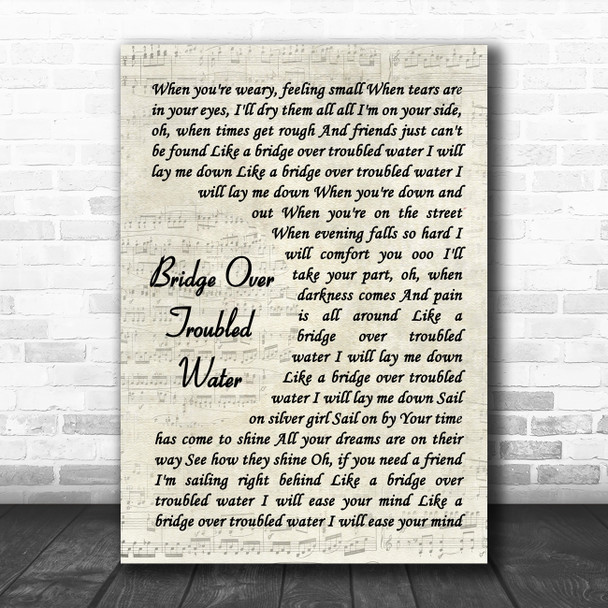 Simon and Garfunkel Bridge Over Troubled Water Vintage Script Song Lyric Music Poster Print