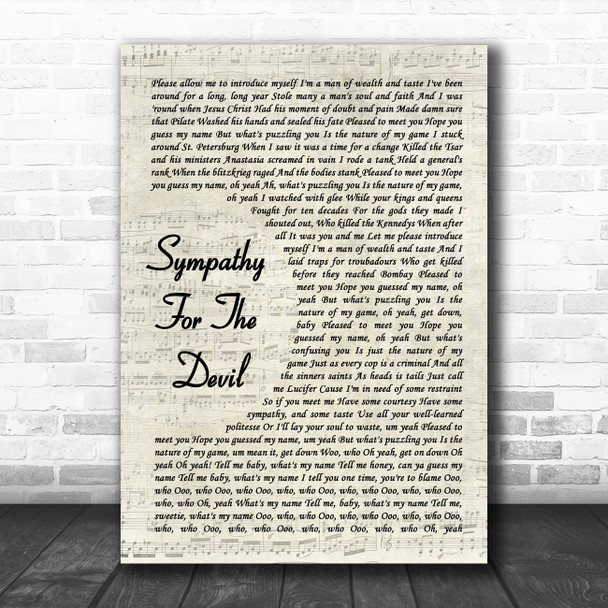 The Rolling Stones Sympathy For The Devil Vintage Script Song Lyric Music Poster Print