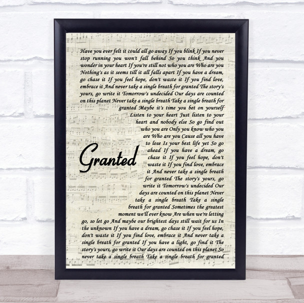 Josh Groban Granted Vintage Script Song Lyric Music Poster Print