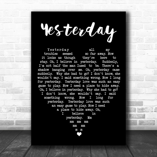 Yesterday The Beatles Black Heart Song Lyric Music Wall Art Print