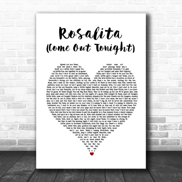 Bruce Springsteen Rosalita (Come Out Tonight) White Heart Song Lyric Music Poster Print