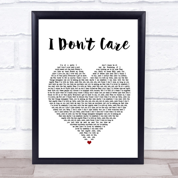 Ed Sheeran & Justin Bieber I Don't Care White Heart Song Lyric Music Poster Print