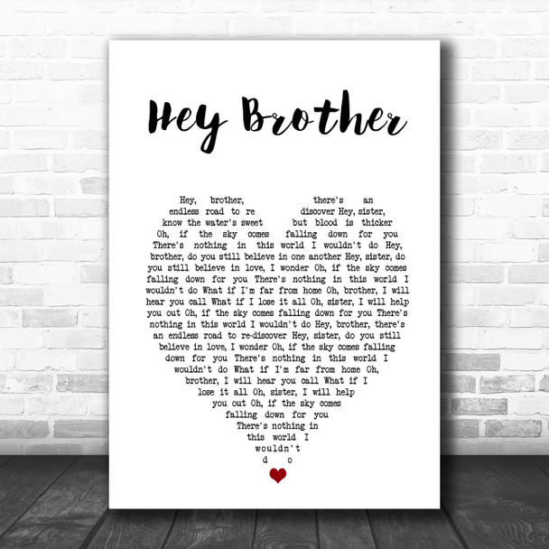 Avicii Hey Brother White Heart Song Lyric Music Poster Print