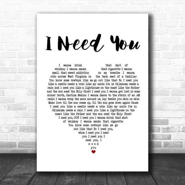 Faith Hill and Tim McGraw I Need You White Heart Song Lyric Music Poster Print