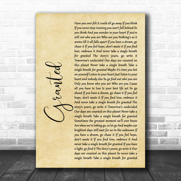 Josh Groban Granted Rustic Script Song Lyric Music Poster Print