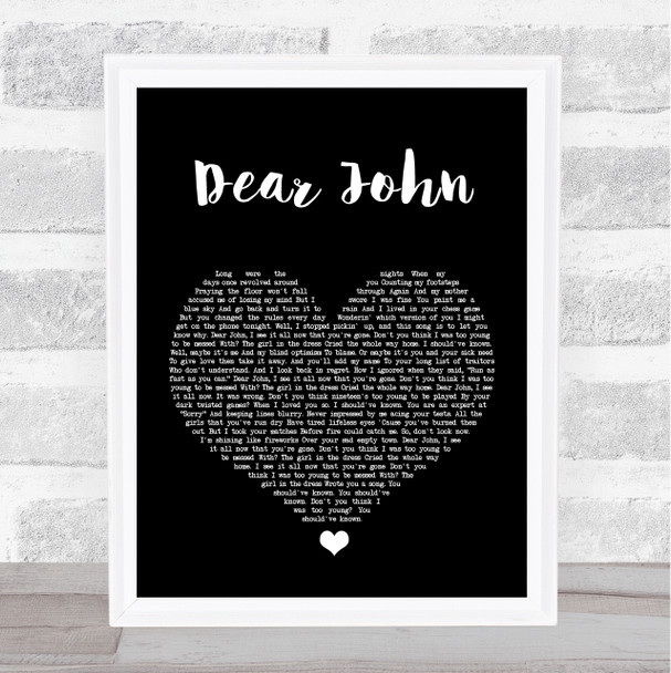 Taylor Swift Dear John Black Heart Song Lyric Print