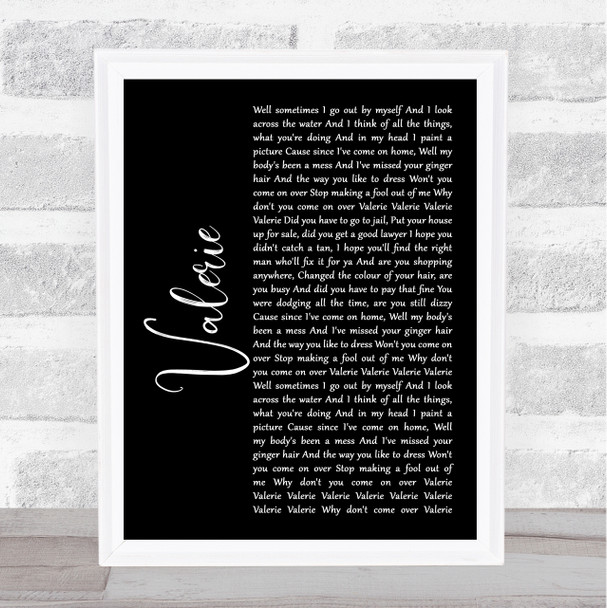 Amy Winehouse Valerie Black Script Song Lyric Print