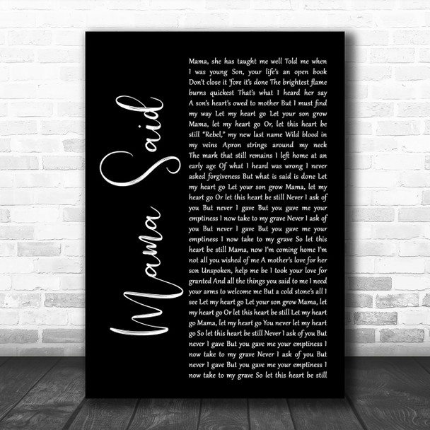 Metallica Mama Said Black Script Song Lyric Music Wall Art Print