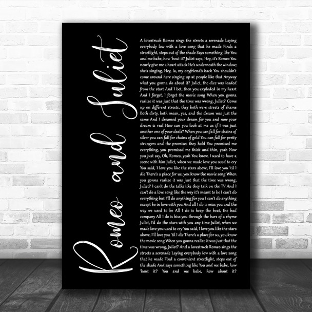 Dire Straits Romeo And Juliet Black Script Song Lyric Music Wall Art Print