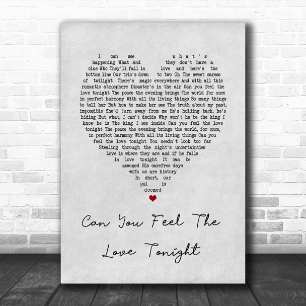 The Lion King Can You Feel The Love Tonight Grey Heart Song Lyric Print