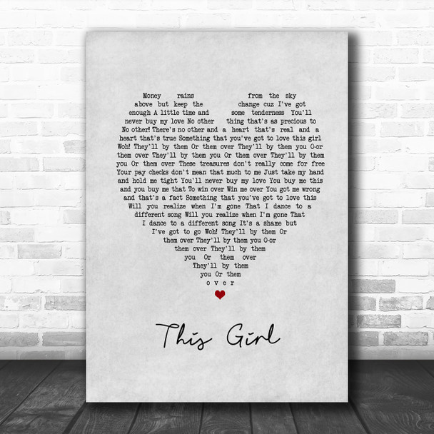 Kungs vs Cookin' on 3 Burners This Girl Grey Heart Song Lyric Print