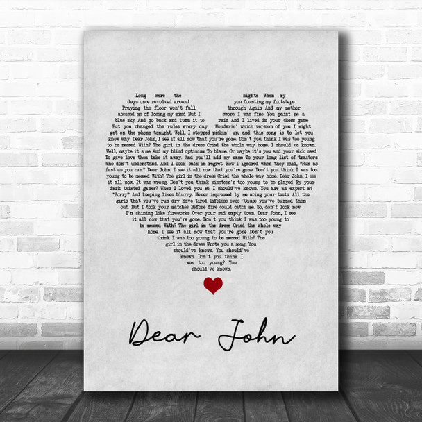 Taylor Swift Dear John Grey Heart Song Lyric Print