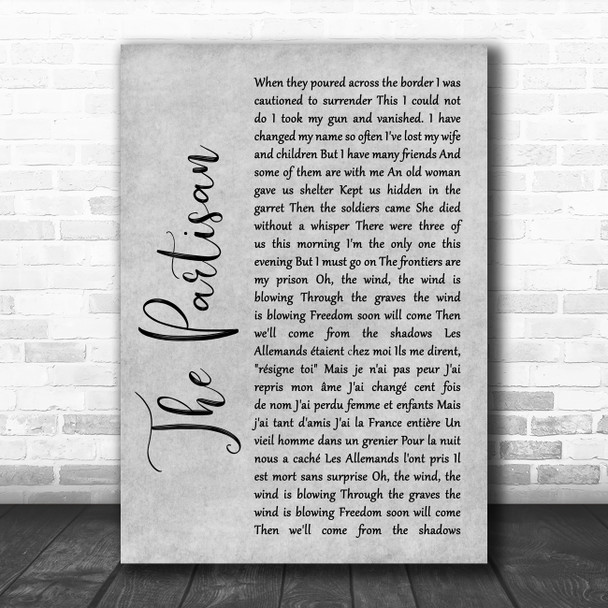 Leonard Cohen The Partisan Rustic Script Grey Song Lyric Quote Print