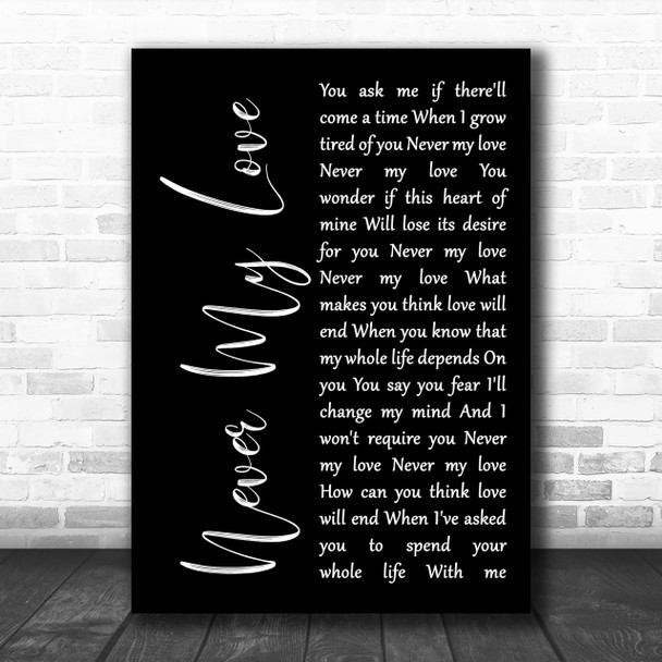 The Association Never My Love Black Script Song Lyric Music Wall Art Print