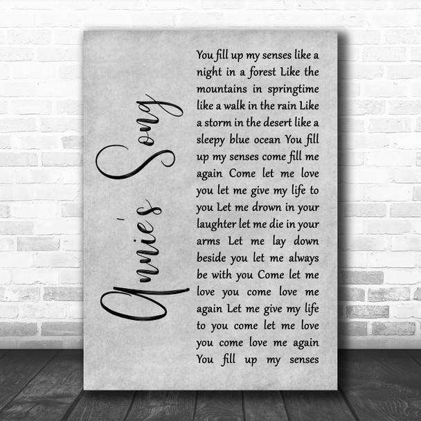 John Denver Annie's Song Grey Rustic Script Song Lyric Print